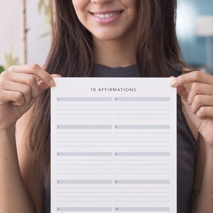 May include: A printable worksheet with the title "10 Affirmations" and numbered lines for writing affirmations.
