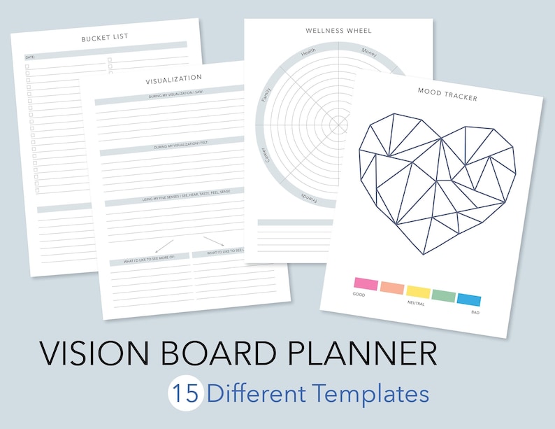 May include: A set of printable vision board planner templates. The templates include a bucket list, visualization, wellness wheel, and mood tracker. The mood tracker is a heart shape with a color scale from good to bad.