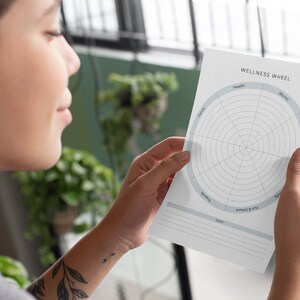 May include: A person is holding a wellness wheel with categories like health, money, family, and personal growth. The wheel is printed on white paper with a light blue border.