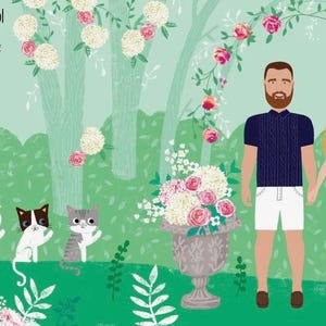 May include: A colourful illustration with the text "Feeling SO High School." It depicts a couple holding hands under a floral arch, with three cartoon cats. The man wears a navy shirt and white shorts, the woman a white dress.