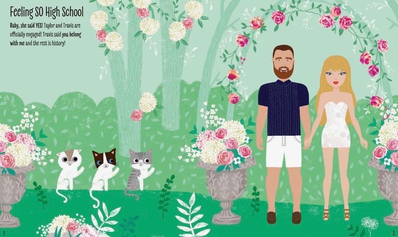 May include: A colourful illustration with the text "Feeling SO High School." It depicts a couple holding hands under a floral arch, with three cartoon cats. The man wears a navy shirt and white shorts, the woman a white dress.