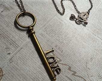 Bronze LOVE Key Necklace, Victorian Skeleton Pendant