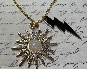 Large Rhinestone Sunburst Opalite Pendant Necklace with Lightning Bolt swiftie inspired