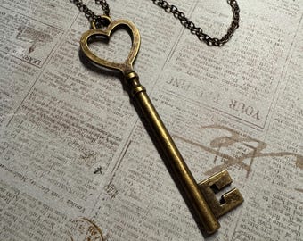 Victorian Bronze Heart Key Pendant Necklace, 24" Chain