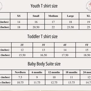May include: A chart showing youth, toddler, and baby clothing sizes in inches. The chart includes measurements for width and length for each size.