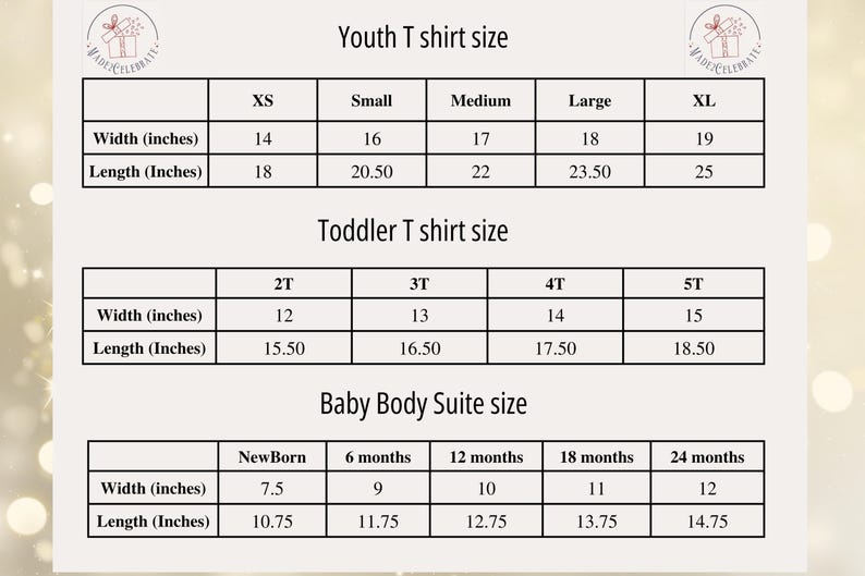May include: A chart showing youth, toddler, and baby clothing sizes in inches. The chart includes measurements for width and length for each size.