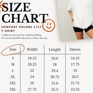 May include: Size chart for t-shirts with measurements in inches for width, length, and sleeve. Sizes range from S to 3XL. T-shirts are meant to be a bit loose fitting. For an oversized fit, select two or three sizes up.