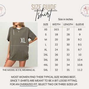 May include: Size chart for a t-shirt in inches. The chart shows the size, width, length, and sleeve length for sizes XS to 5XL. The model is wearing a size XL t-shirt.