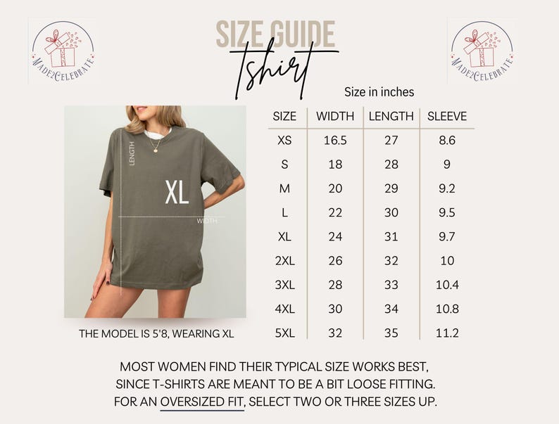 May include: Size chart for a t-shirt in inches. The chart shows the size, width, length, and sleeve length for sizes XS to 5XL. The model is wearing a size XL t-shirt.