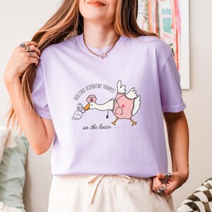 May include: A purple t-shirt with a cartoon goose wearing a nurse's hat and holding a nebulizer. The text on the shirt reads "Registered Respiratory Therapist on the loose..."