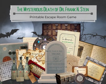 May include: A printable escape room game themed around the mysterious death of Dr. Frank N. Stein. The game includes a variety of puzzles and clues, including a map, a braille alphabet, a compass, a tombstone, a cipher wheel, a file cabinet, and a dagger.