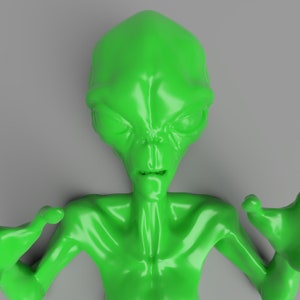 Puede incluir: Una figura alien&iacute;gena verde brillante y brillante con una cabeza grande, ojos almendrados y brazos delgados. El extraterrestre est&aacute; sobre un fondo gris. Los brazos de la figura est&aacute;n extendidos y el dise&ntilde;o general es suave y estilizado.
