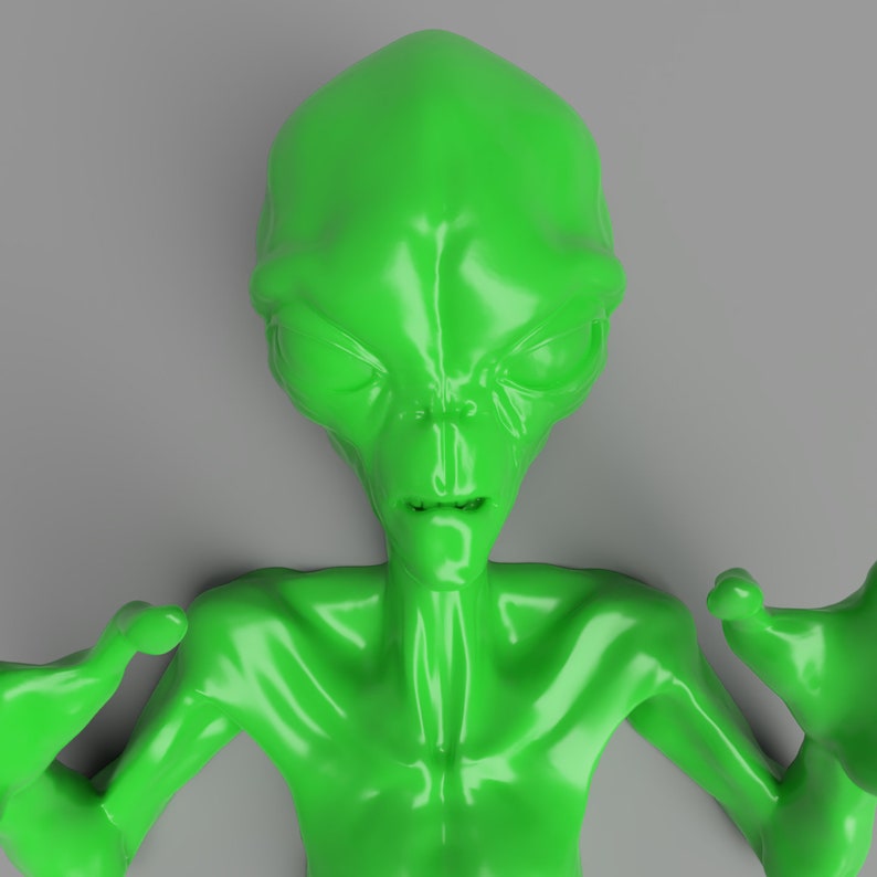 Puede incluir: Una figura alien&iacute;gena verde brillante y brillante con una cabeza grande, ojos almendrados y brazos delgados. El extraterrestre est&aacute; sobre un fondo gris. Los brazos de la figura est&aacute;n extendidos y el dise&ntilde;o general es suave y estilizado.