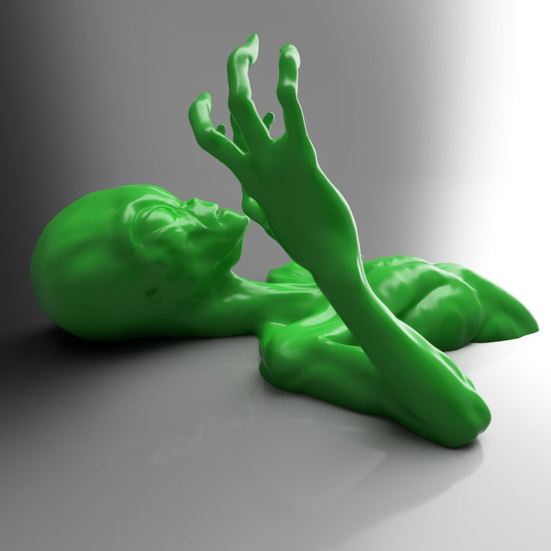 Puede incluir: Una figura alien&iacute;gena verde brillante se representa en una pose relajada, con un brazo levantado. La piel lisa del alien&iacute;gena refleja el fondo degradado, creando una sensaci&oacute;n de profundidad. La figura est&aacute; tumbada.