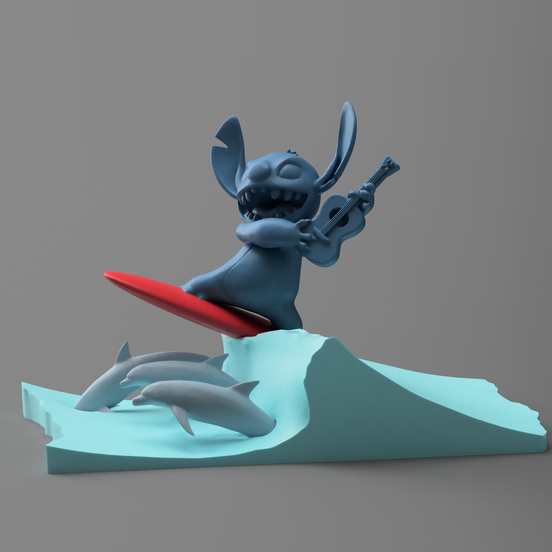 Stitch Riding A Wave Stitch Riding A Wave With Ukulele & Dolphins - (3D Model Files) - Etsy