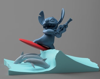 Stitch montando una ola con ukelele y delfines - (archivos de modelo 3D)