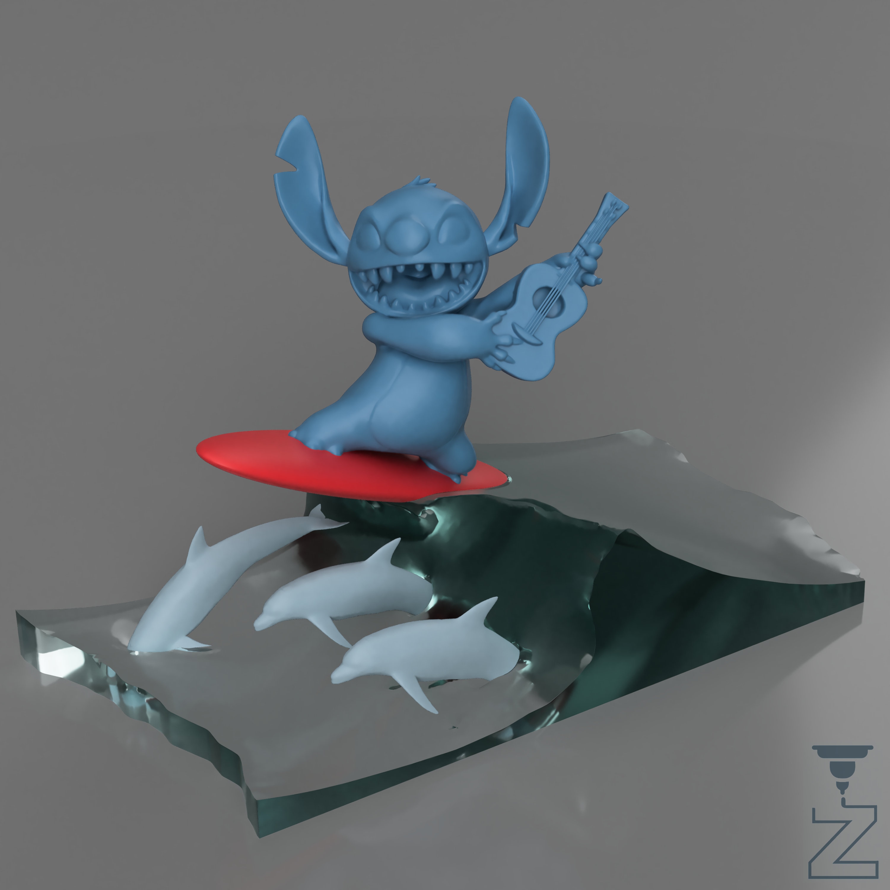 Stitch Riding A Wave Stitch Riding A Wave With Ukulele & Dolphins - (3D Model Files) - Etsy