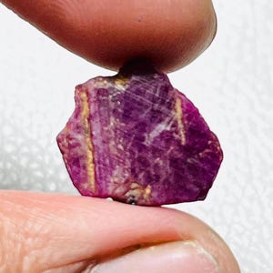 May include: A rough-cut, deep magenta ruby gemstone with golden veins. The ruby is held between two fingers, showcasing its natural, unpolished texture and rich color. This gemstone is a raw, natural mineral.