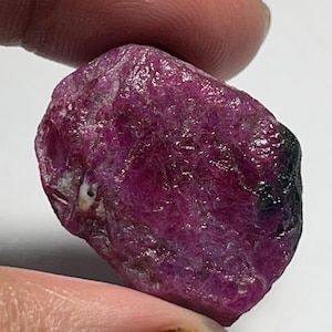 Può includere: Una gemma di rubino grezza e non tagliata, tenuta tra le dita. Il rubino è di un colore rosso intenso e ricco con una superficie leggermente irregolare. La gemma ha un aspetto naturale e non lucido.