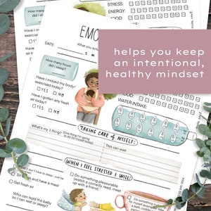 May include: A printable worksheet titled "Emotional Suitcase" with a black and white design. The worksheet is a guide for postpartum mental health and includes sections for checking in with yourself, taking care of yourself, and when you feel stressed. The worksheet features illustrations of a woman holding a baby, a water bottle, and a cup of tea.