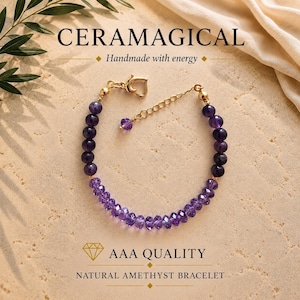 May include: A bracelet featuring dark purple round amethyst beads and lighter purple faceted crystal beads on a gold-tone chain with a lobster clasp. The text CERAMAGICAL, Handmade with energy, AAA QUALITY, and NATURAL AMETHYST BRACELET is visible.