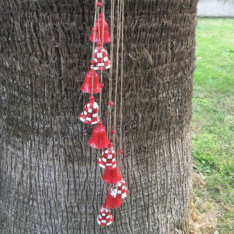 Red Ceramic Hanging Bells Ceramic Garden Wall Hanging Etsy
