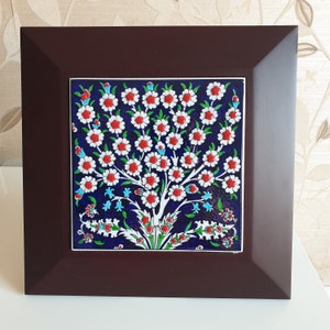 Handmade Ceramic Decorative Tile with Wooden Frame, Floral Hand Painted Ceramic Tile, Unique New Home Gift, Floral Wall Tile