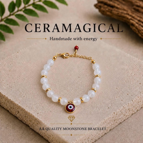 AA Moonstone Evil Eye Bracelet, 8mm Natural Gemstone Beads, 24K Gold Plated, June Birthstone