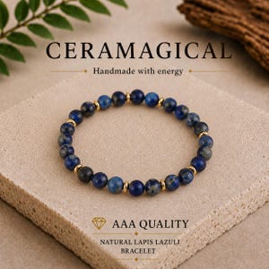 May include: A beaded bracelet featuring round blue lapis lazuli stones interspersed with small gold-toned metal spacers. The text CERAMAGICAL, Handmade with energy, AAA QUALITY, and NATURAL LAPIS LAZULI BRACELET is visible in the image.