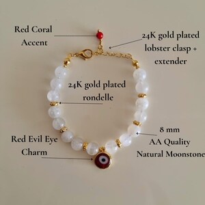 May include: A bracelet featuring 8 mm AA quality natural moonstone beads, 24K gold plated rondelles, a red evil eye charm, a red coral accent, and a 24K gold plated lobster clasp with an extender. Text labels identify these components.