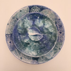 Secret Of 2 Ocean Hand Painted Ceramic Wall Hanging, Unique Blue Decorative Plate, Ceramic Plates Set, Cute Pottery Plates, Ceramic Art