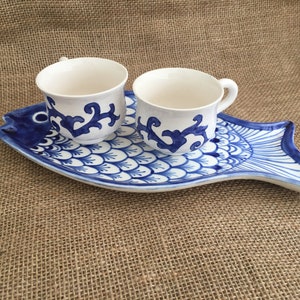 Handmade Fish Ceramic Plate and Tea Cup, Blue Ceramic Coffee Mug Set with Plate, Handmade Espresso Cup and Plate, Ceramic Tea Cup and Saucer