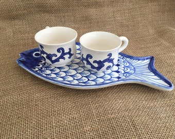 Handgefertigter Fischkeramikteller und Teetasse, Blaues Keramikkaffeetassenset mit Teller, handgefertigte Espressotasse und Teller, Keramikteetasse und Untertasse