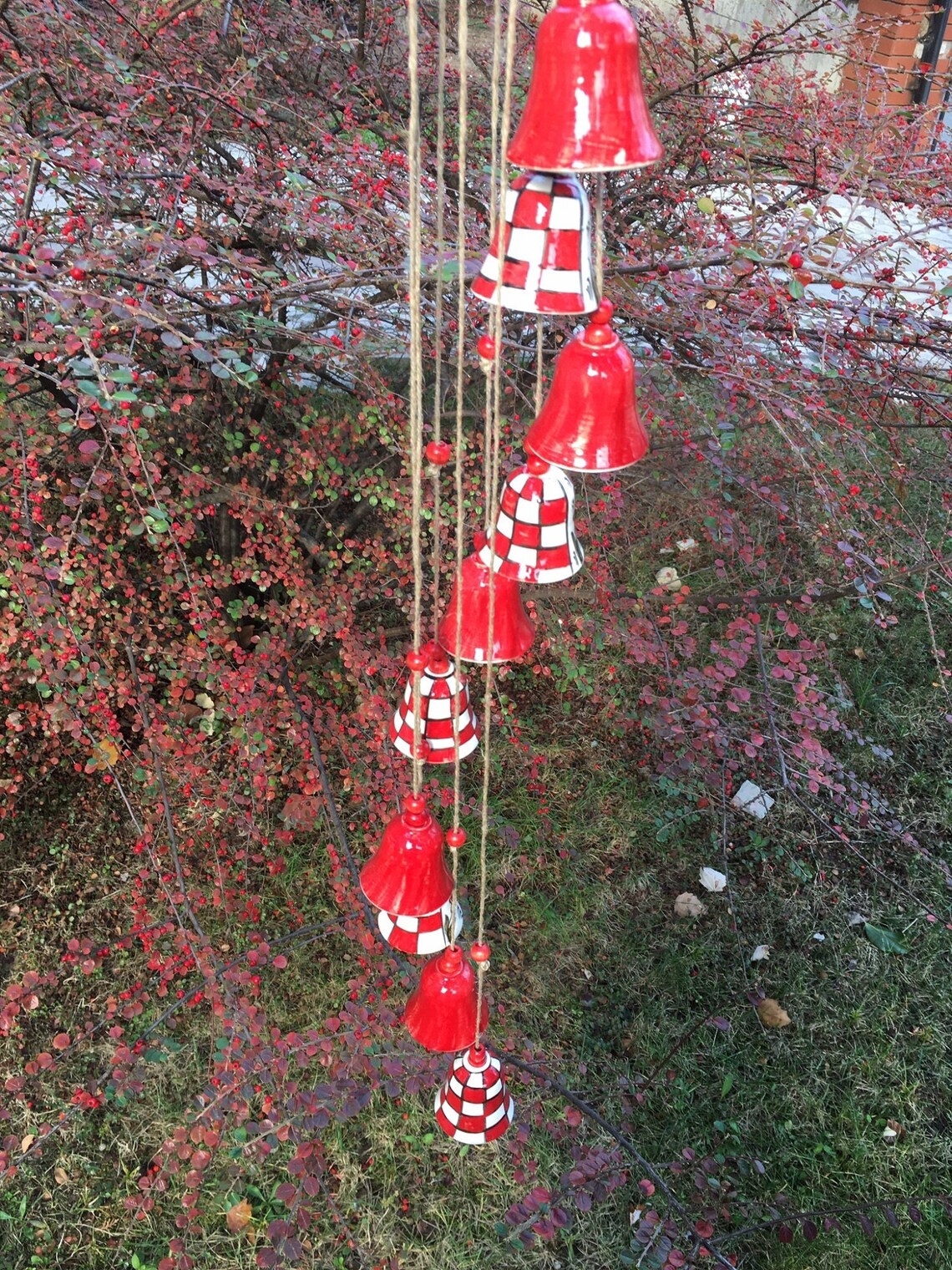 Red Ceramic Hanging Bells Ceramic Garden Wall Hanging Etsy