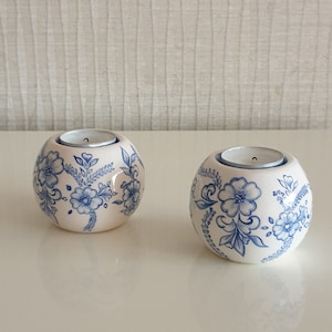 Set Of 2 Blue Ceramic Candle Holder, Floral Candle Holder, Ceramic Tea Light Holder, Minimal Home Decor, Pottery Candle, Floral home decor