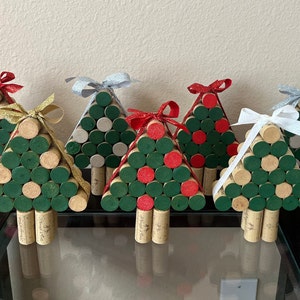 Wine Cork Christmas Tree Decoration With Glitter Ribbon Bow Topper Holiday Decor Completed Craft For Tabletop Display or Gift