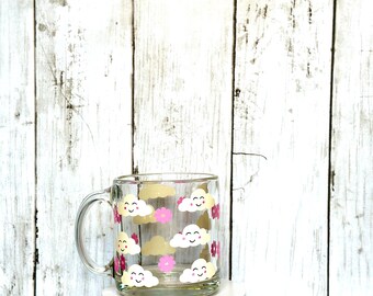 Smiley Clouds, Clear Mugs, Trendy Mugs, flower mugs, Smiley Clouds Vinyl Mugs