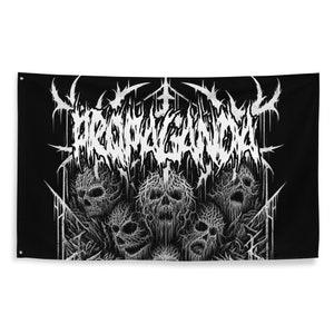 May include: Black and white flag with the word "DECAPITATED" in a stylized font. The word is surrounded by a design of skulls and thorns.