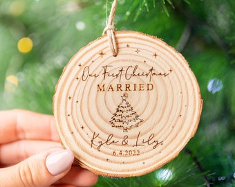 Mr and Mrs Tree Christmas Ornament, First Christmas Married Ornament, Our First Christmas Married as Mrs and Mrs Wood Ornament, Just Married