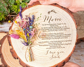 Mother's Day Gifts, Father's Day, Engraved Wood Slice, Dried Flowers, Personalized Gifts for Couple, for Mom, for Family, Custom Text, Love