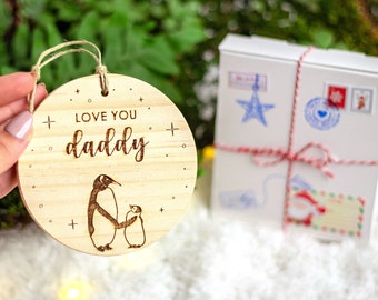 Personalized gift for Dad,  Baby's First Christmas Ornament, Custom Baby Name Christmas Ornament, Wood engrave Christmas Tree, Penguin Love