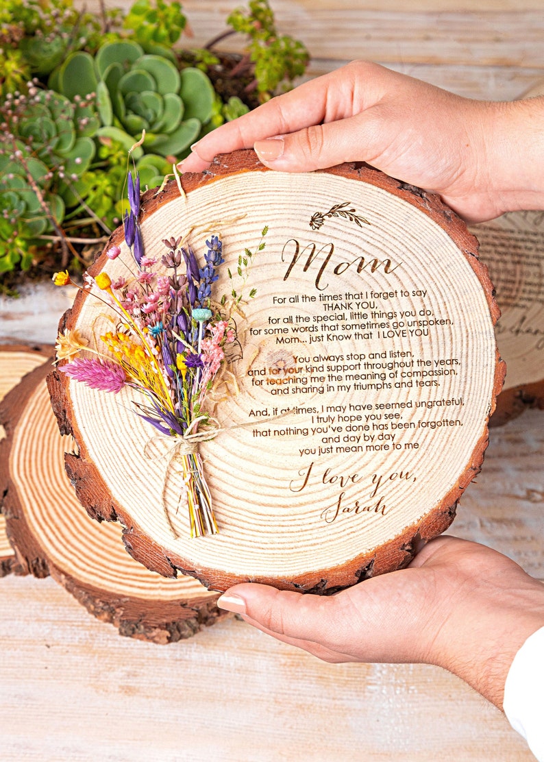 Wood Gifts, Wedding gift for Couple, Birthday Gifts Custom Engraved Wood Slice, Dried Flowers Personalized Gifts for Friends Laser Engraving A - Floral