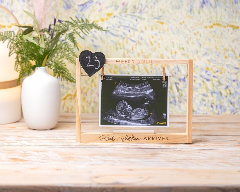 Engraved Baby Frame, Baby Countdown Frame with photo Ultrasound Baby Shower Gift, Mom To Be Gift, Pregnancy Announcement, New Parents Gift image 1