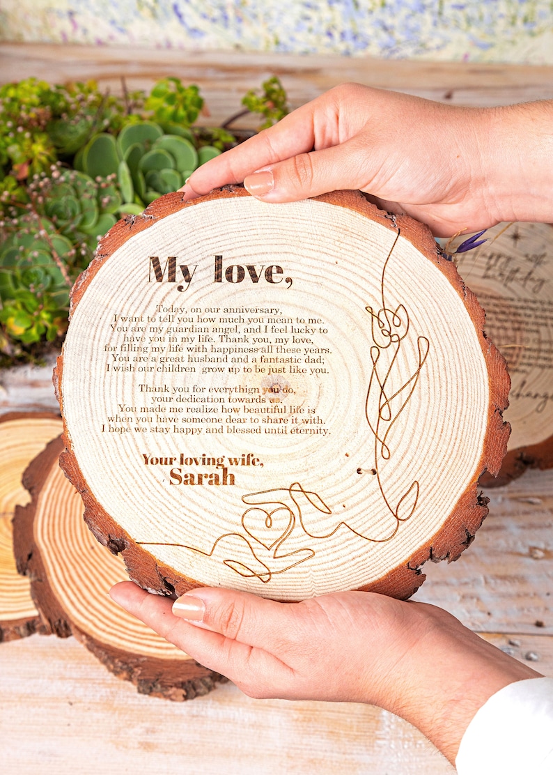 Wood Gifts, Wedding gift for Couple, Birthday Gifts Custom Engraved Wood Slice, Dried Flowers Personalized Gifts for Friends Laser Engraving C - Love