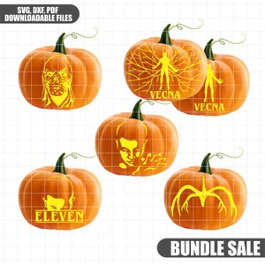 May include: A set of five pumpkin carving stencils featuring characters and imagery from the popular Netflix series Stranger Things. The stencils include Vecna, Eleven, and the Demogorgon.