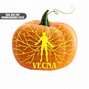 May include: A pumpkin carving stencil featuring a silhouette of a figure with outstretched arms and branches extending from the figure's body. The text "VECNA" is below the figure.