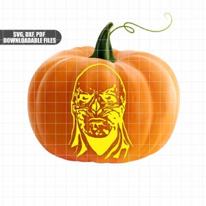 May include: A yellow pumpkin carving stencil featuring a scary face with a bald head. The stencil is designed for carving a pumpkin for Halloween.