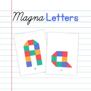 May include: Two white cards displaying the letters "A" and "a" constructed from colourful geometric shapes. The cards are set against a lined paper backdrop. The words "Magna Letters" are written in cursive and block letters.