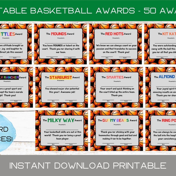 Basketball Team Candy Bar Award Certificates - Sports Players Candy Bar Awards - Printable Candy Bar Award Certificates - Award Dinner