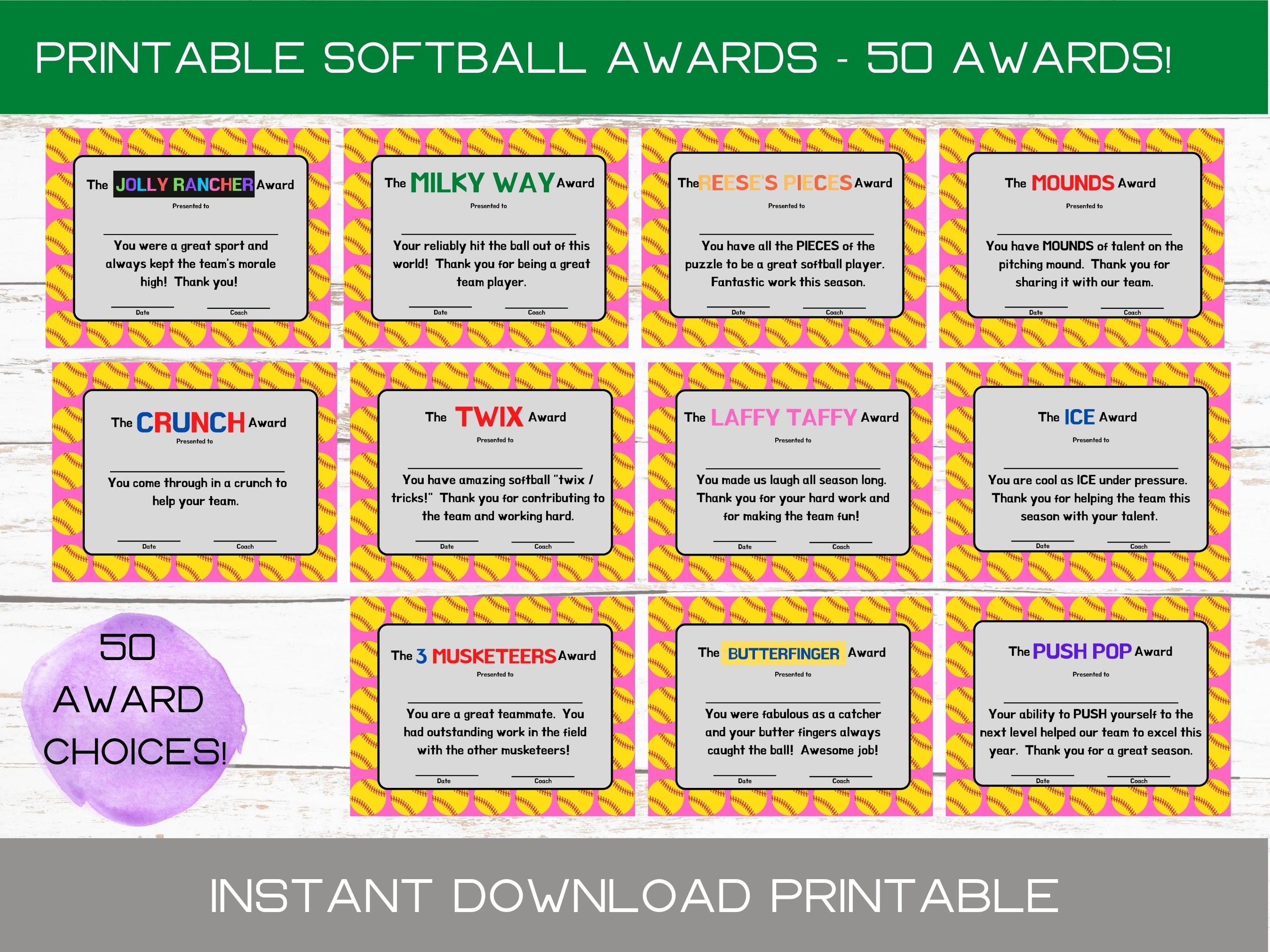 Softball Team Candy Bar Award Certificates Softball Candy Bar Awards